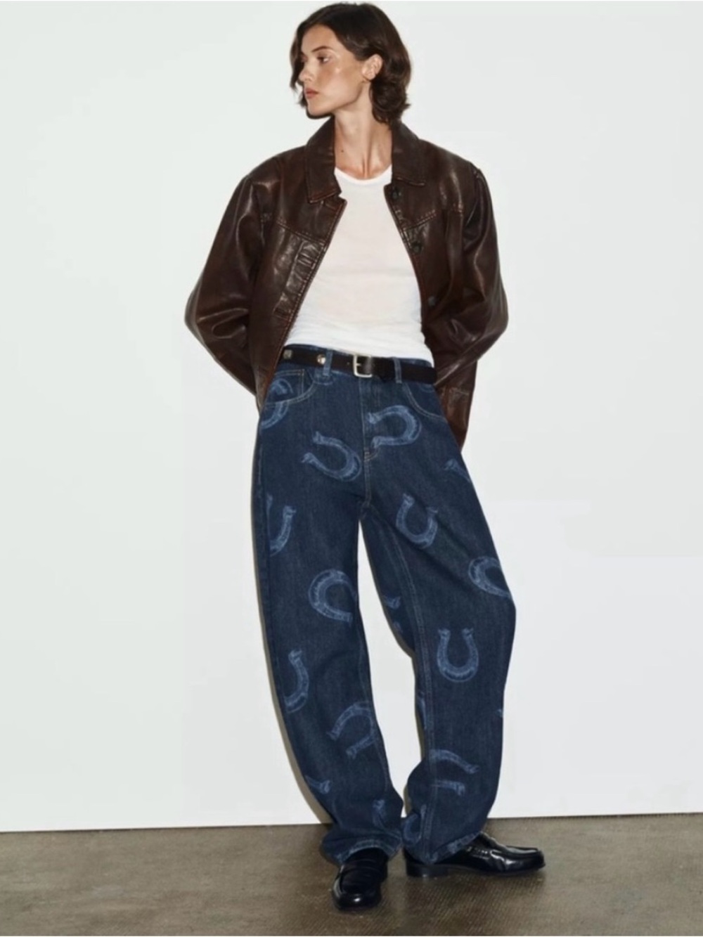 Zara Dark Blue Straight-Leg Horseshoe Printed Cowboy Western Denim Jeans - Picture 9 of 12